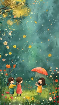 A beautiful painting depicting three girls standing in the rain, holding an umbrella, surrounded by lush green vegetation and natural environment