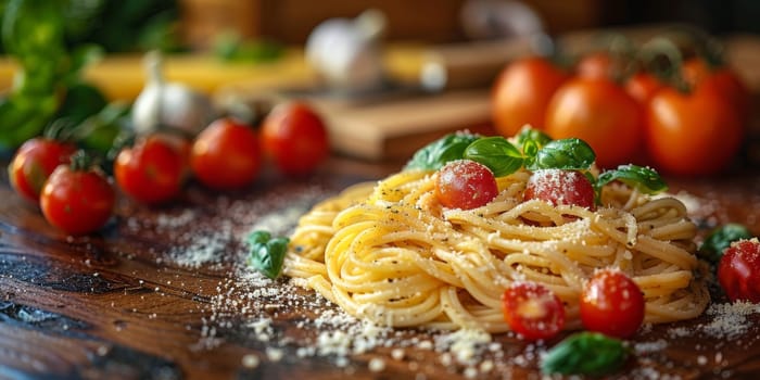 Classic Pasta on kitchen background. Diet and food concept