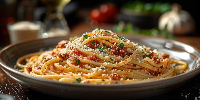 Classic Pasta on kitchen background. Diet and food concept