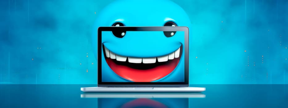 Digital illustration of a laptop with a smiling emoji face on a vibrant blue backdrop