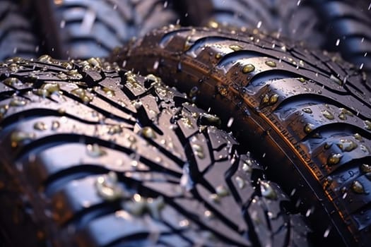 Car tires wet. Dark wet motion. Generate Ai