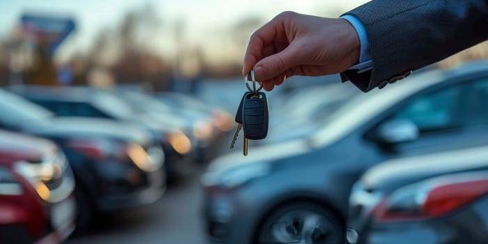 Hand holding car keys with dealership cars in background. Close-up shot in the evening light. Car purchase and ownership concept. Design for banner, advertisement, poster