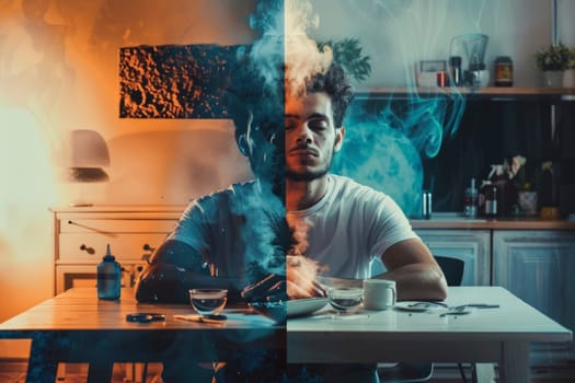 A creative representation of a man's face split between reality and digital smoke signals. One half is clear and focused, the other obscured by digital abstraction