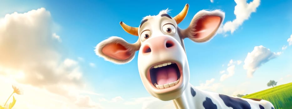 Vibrant and joyful 3d cartoon cow on a green pasture under a blue sky with fluffy clouds