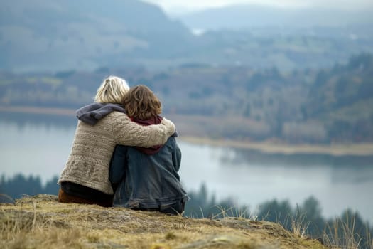 Two friends sit closely on a hill, overlooking the serene waters of a lake. They share a moment of quiet companionship in a scenic landscape