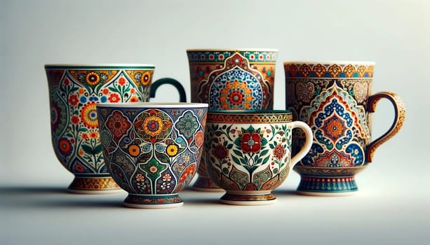 Colorful cups showcasing porcelain drinkware with Persian patterns. High quality photo
