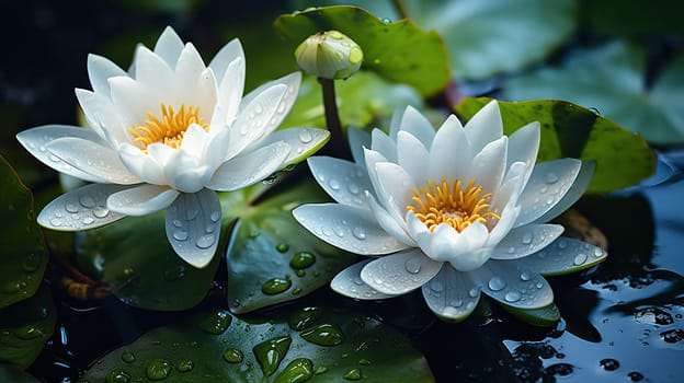 White water lilies on the water.