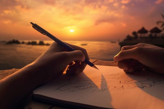 Hands writing book pencil sunset. Student work. Generate Ai