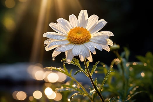 Large drops of water on chamomile petals.