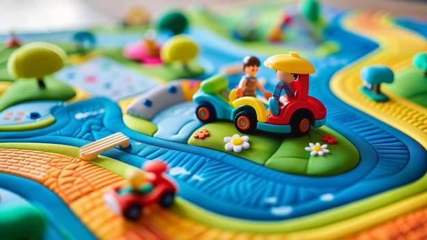 A vibrant display of educational toys arranged on a playmat, designed to stimulate learning. The toys offer a variety of shapes and colors to engage young minds