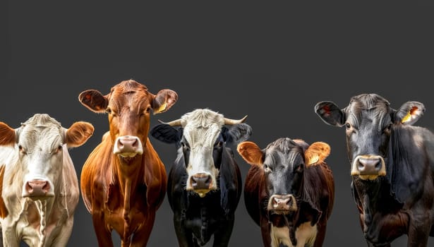 Portrait of mixed cow breeds standing together, isolated on dark backdrop
