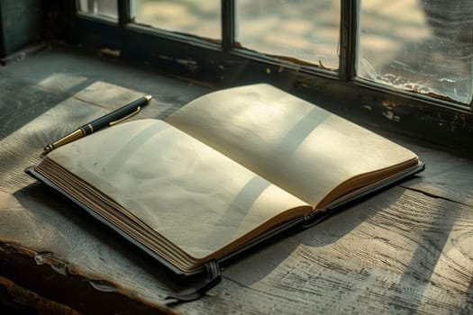 An open vintage book with blank aged pages lies on a textured blue surface, accompanied by an elegant fountain pen. The scene evokes a sense of history and the anticipation of storytelling