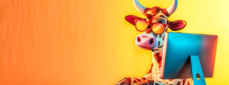 Illustration of a cartoon cow wearing red glasses and using a laptop on a vibrant orange-yellow gradient