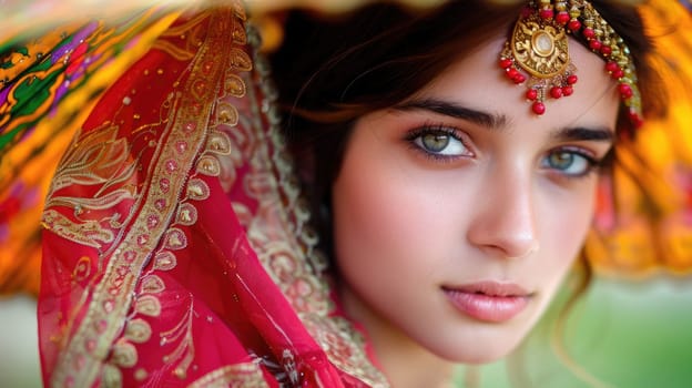 European girl posing in traditional clothes of Asian cultures AI