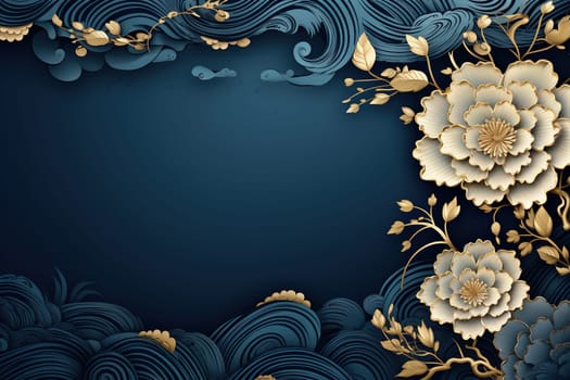 Blue background with a frame of gilded flowers. Chinese traditions.