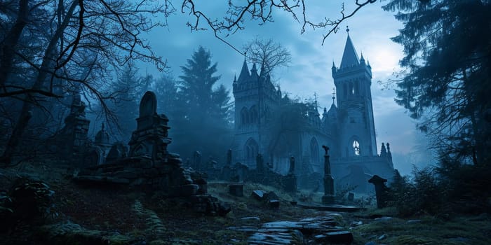 Mysterious gothic castle with illuminated windows overlooking a foggy cemetery at night.