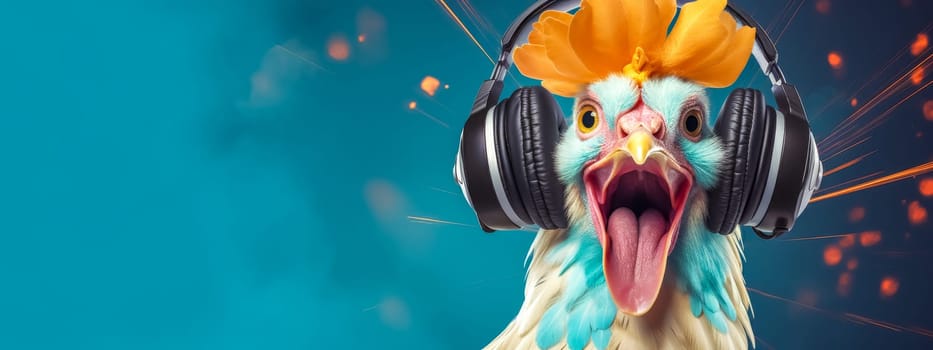 Excited rooster enjoying music in headphones with vibrant sparks, isolated on blue