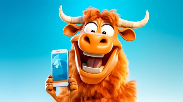 Cheerful 3d cartoon bull holding a smartphone with a blue sky backdrop