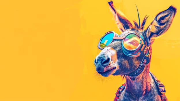 Whimsical donkey wearing colorful pilot goggles against a vibrant yellow backdrop