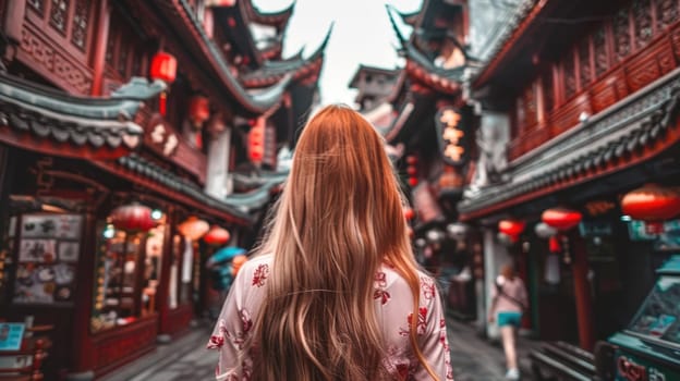 European girl tourist exploring the narrow streets of old cities in Asia AI