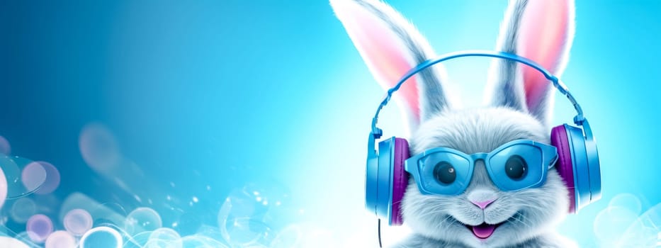 Stylish animated bunny character with headphones on a vibrant blue background
