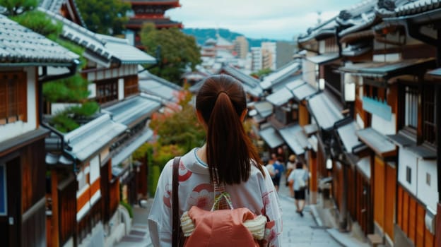 European girl tourist exploring the narrow streets of old cities in Asia AI