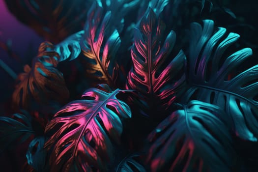 Neon jungle leaves background. Exotic plant. Generate Ai
