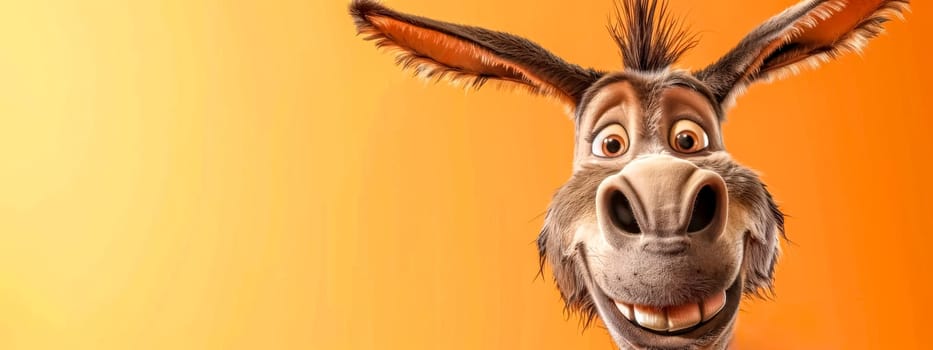 Friendly animated donkey character with large ears smiling, isolated on a vibrant orange backdrop