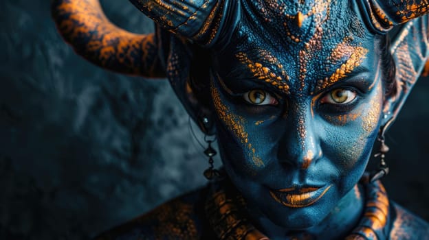 Fantasy concept. Makeup of mystical creature with patterns and horns AI