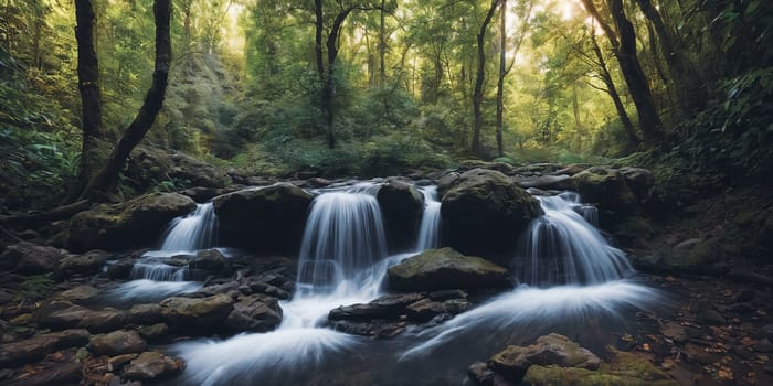 Fantasy landscape with waterfall at sunset, panorama.