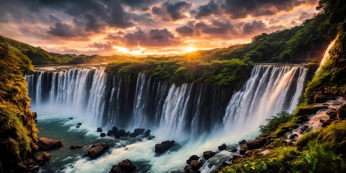 Fantasy landscape with waterfall at sunset, panorama.