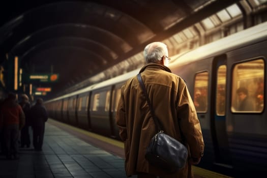 Old man metro station. Urban portrait. Generate Ai