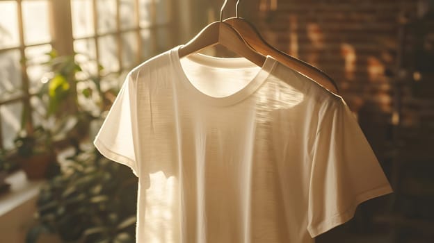 A white dress shirt with transparent sleeves and a peach collar hanging on a wooden hanger in front of a window. Perfect for formal events or as a bridal accessory