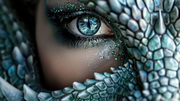 Fantasy portrait. Makeup of a mythical dragon. Professional makeup for filming AI