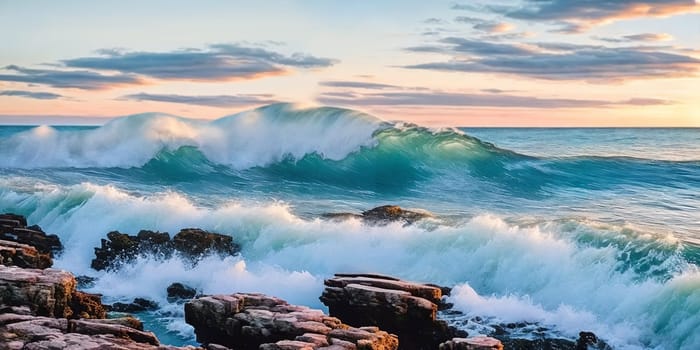 Stunning seascape, cliffs towering over the coastline, waves crashing below. Panorama. Generative AI.