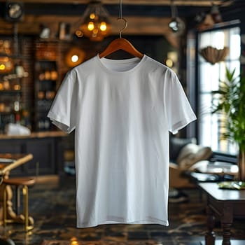 A white tshirt with sleeves is displayed on a stylish wooden hanger in a room, next to a houseplant. The modern fashion design contrasts with the traditional metal clothes hanger