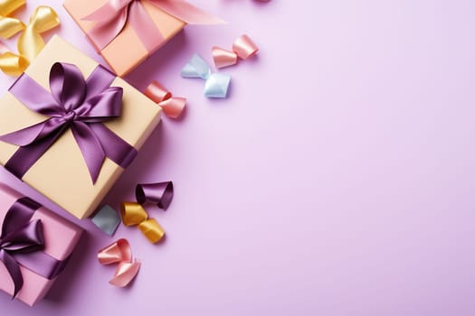 Congratulatory background with purple gift box, gold ribbon and space for text on the left.