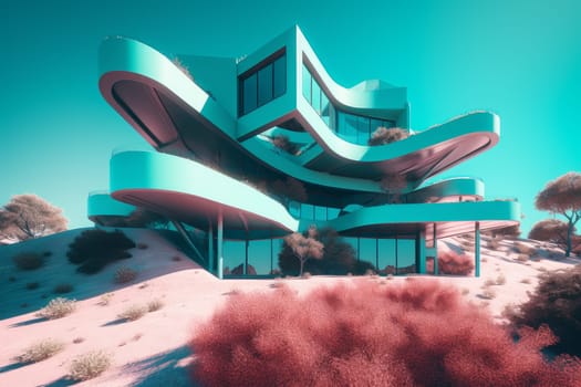 Surreal architecture house. Exterior misty. Generate Ai