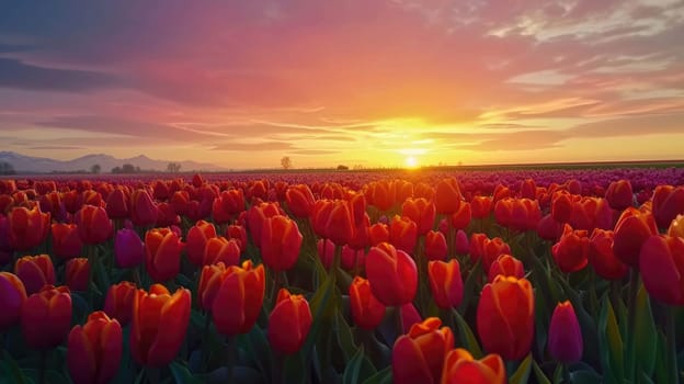 Field of colorful tulips, many spring flowers. AI