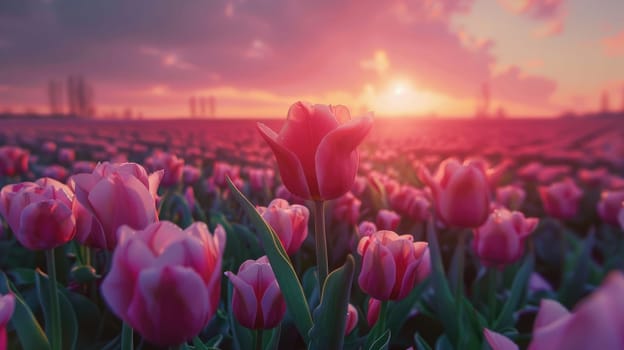 Field of colorful tulips, many spring flowers. AI