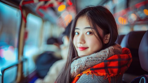 Girl tourist in an Asian bus goes on a trip AI