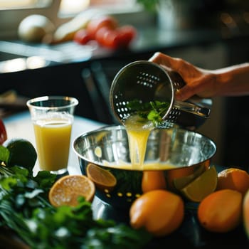 Healthy breakfast. Preparing freshly squeezed juices AI