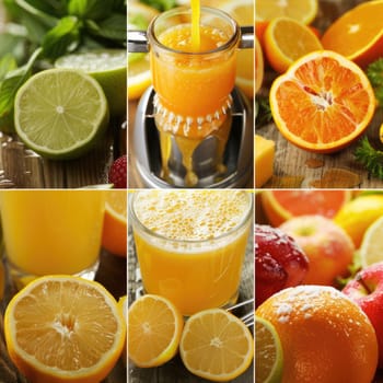 Healthy breakfast. Preparing freshly squeezed juices. Collage AI