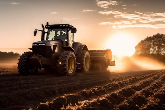 Tractor driver field sunset. Modern farm. Generate Ai