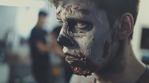 Makeup in zombie style. Professional makeup for filming AI