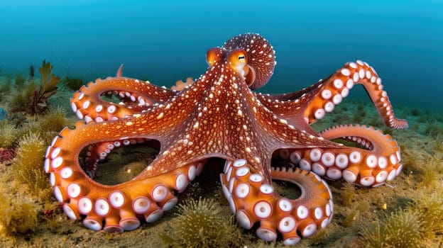 Octopus in its natural habitat on the seabed with its tentacles AI