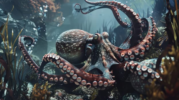 Octopus in its natural habitat on the seabed with its tentacles AI