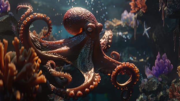 Octopus in its natural habitat on the seabed with its tentacles AI