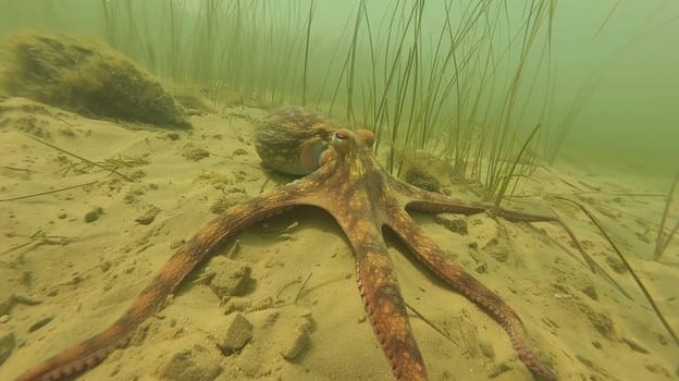 Octopus in its natural habitat on the seabed with its tentacles AI