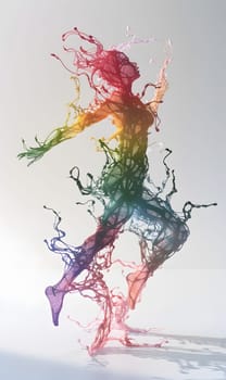 A painting of a fictional character dancing with rainbow colors flowing from her body, surrounded by plantthemed gestures and treelike twigs